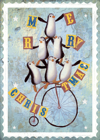 Penguin Penny Farthing Pack of 5 Christmas Greeting Cards - Click Image to Close